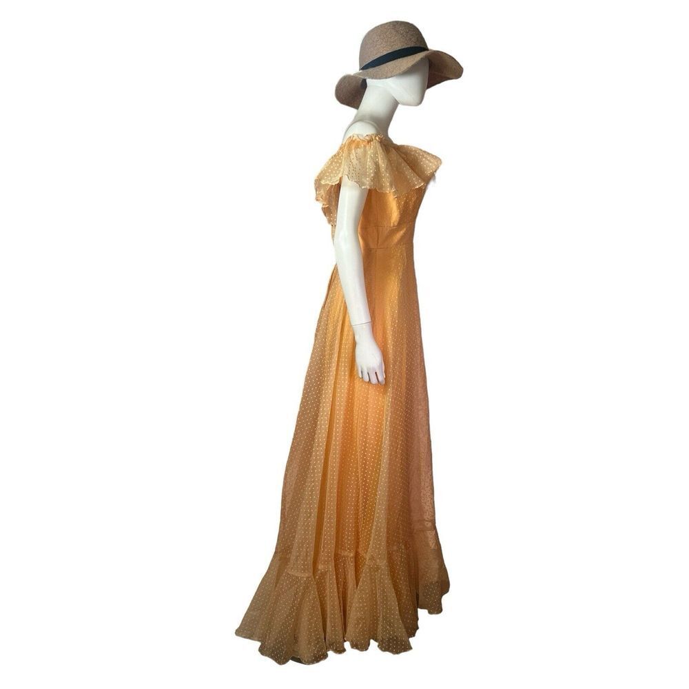 Vtg 1960s Orange Polka Dot Chiffon Ruffle Maxi Prairie Dress sz 10‎ - Picture 5 of 11